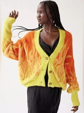 Urban Outfitters Yellow & Orange Flame Fuzzy V‑Neck Cardigan Size XS